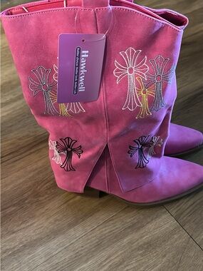 Hawkwell Pink Suede Embroidered Western Heeled Boots